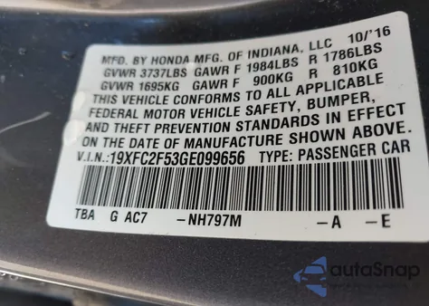 2016 Honda Civic Lx z USA, uszkodzony, nr VIN 19XFC2F53GE099656